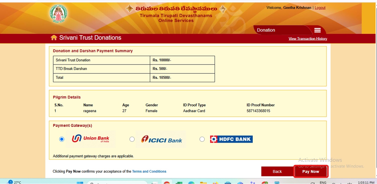 SRIVANI Donation Payment Summary