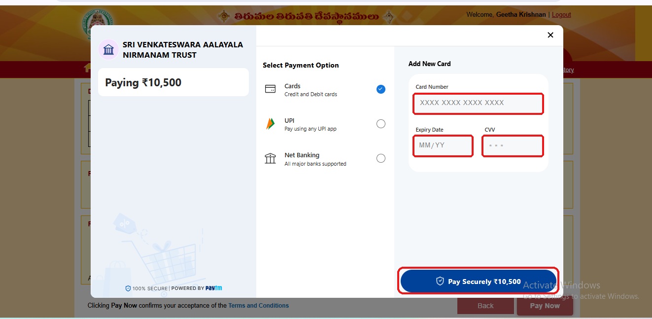 SRIVANI Secure Payment Card Options